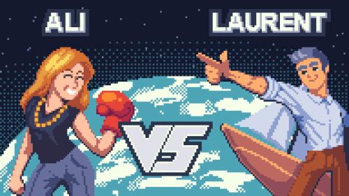 Verses screen in 80's 16 bit graphics. 