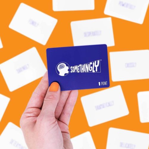 A female hand holding a purple 'Somethingly' card.