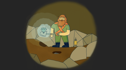 A illustration of a character with a beard digging a diamond.