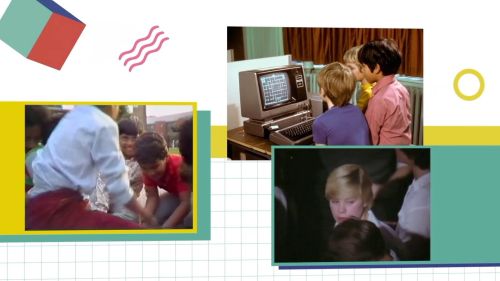 A frame from the National Archives: Jubilee video, showing a selection of historical photographs from the 1980s.